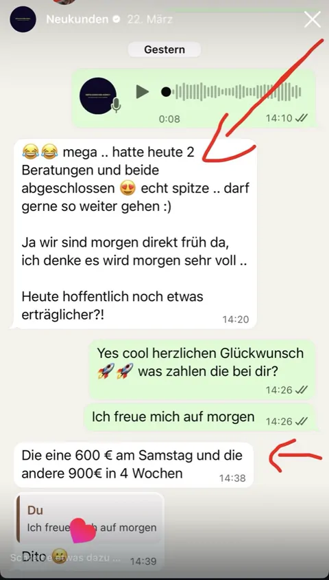 Chat: zwei Beratungen, beide abgeschlossen, 600 und 900 Euro
