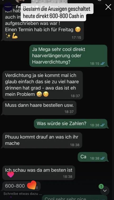 Chat: Anzeigen geschaltet, direkt 600 bis 800 Euro Umsatz